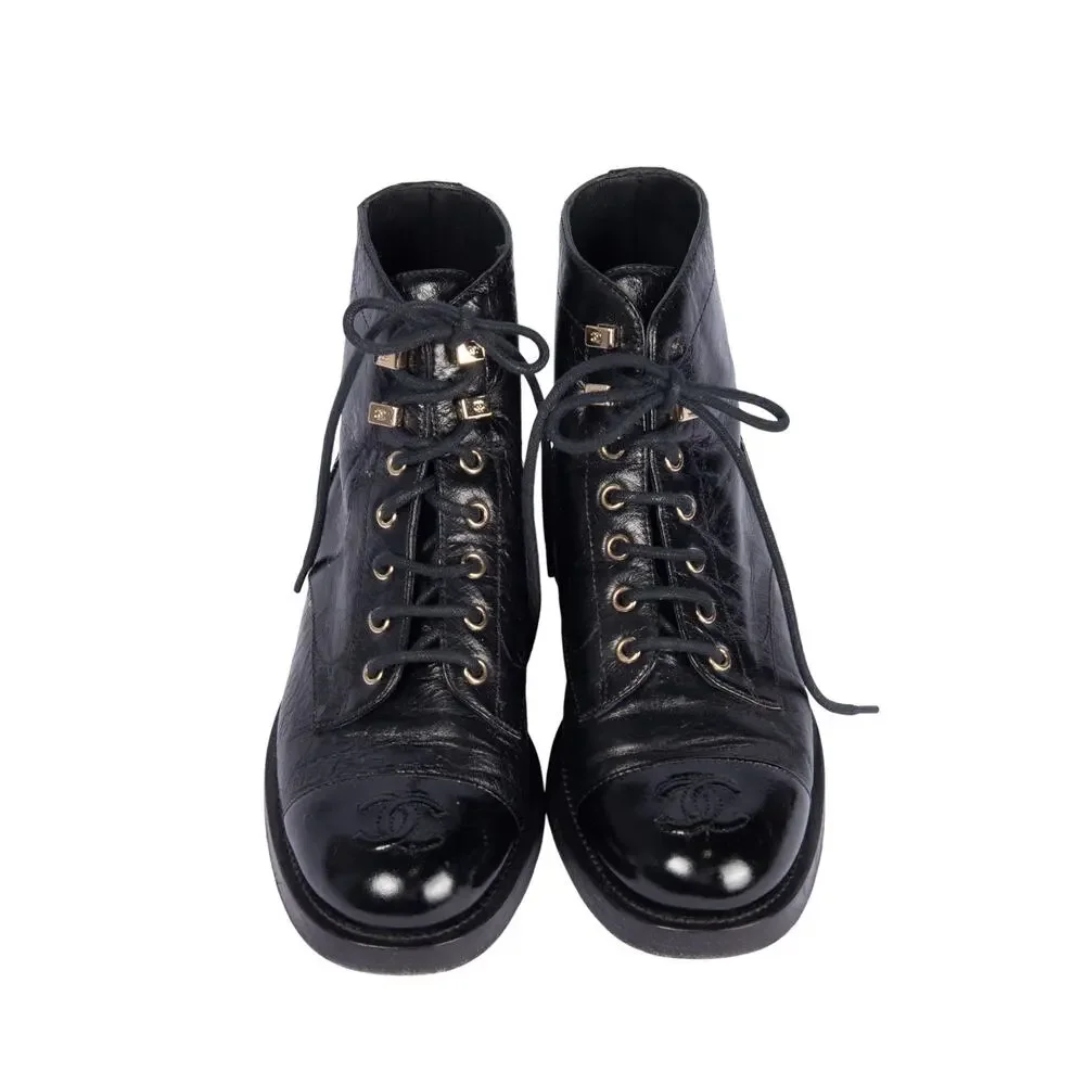 CHANEL Black Leather Lace Up CC Boots Size 37.5 - Picture 2 of 4